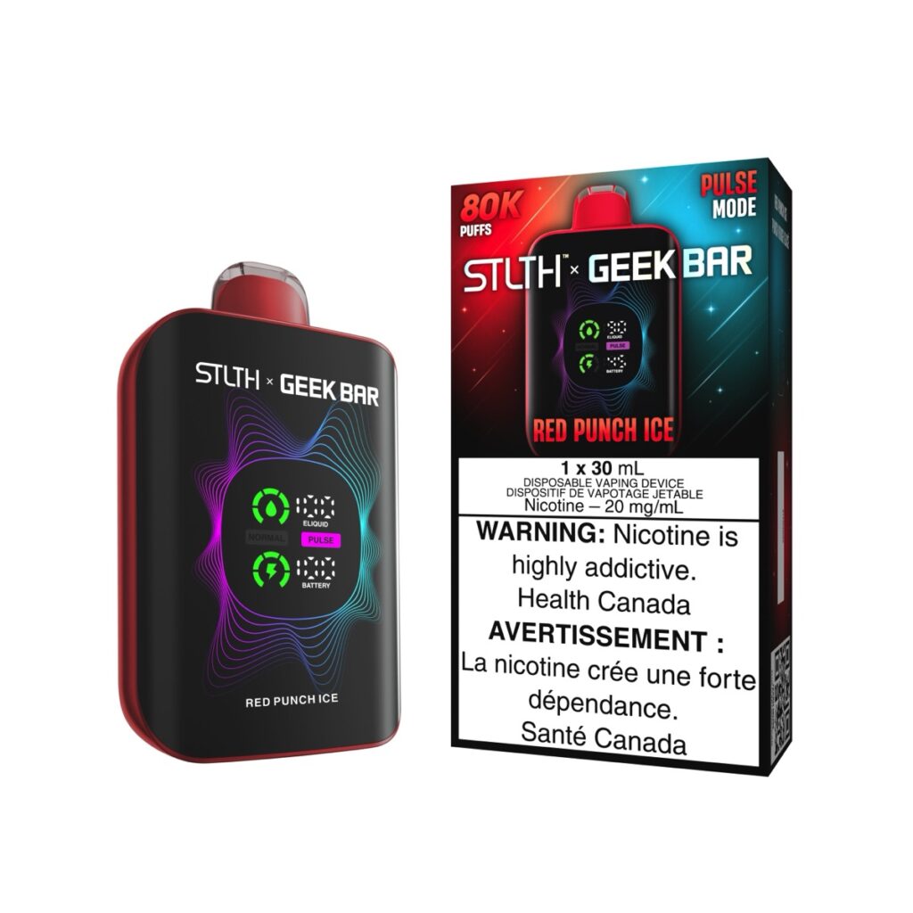 A picture of the STLTH X GEEK Bar Red Punch Ice disposable vaping device and the box packaging