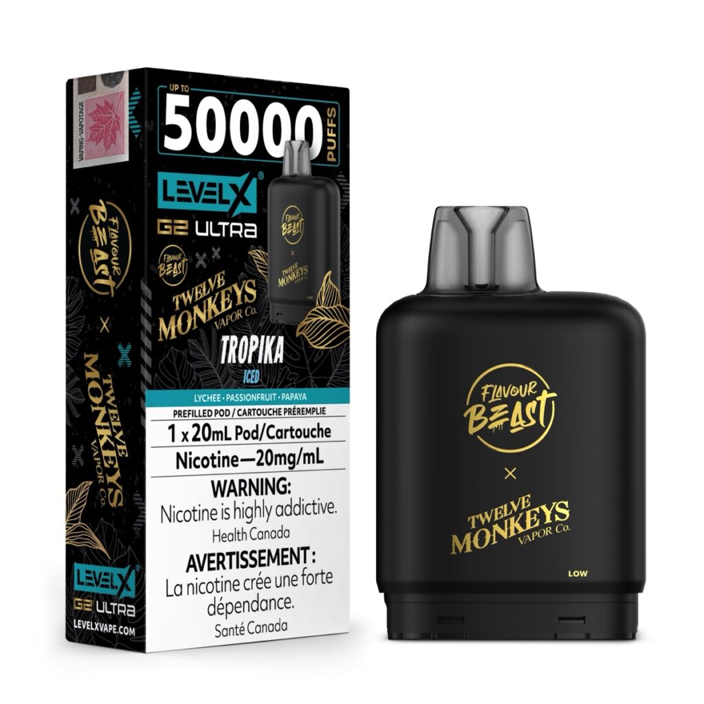 A picture of the Level X G2 Ultra Flavour Beast X 12 Monkeys replacement pod, refilled with the Tropika Iced Flavor
