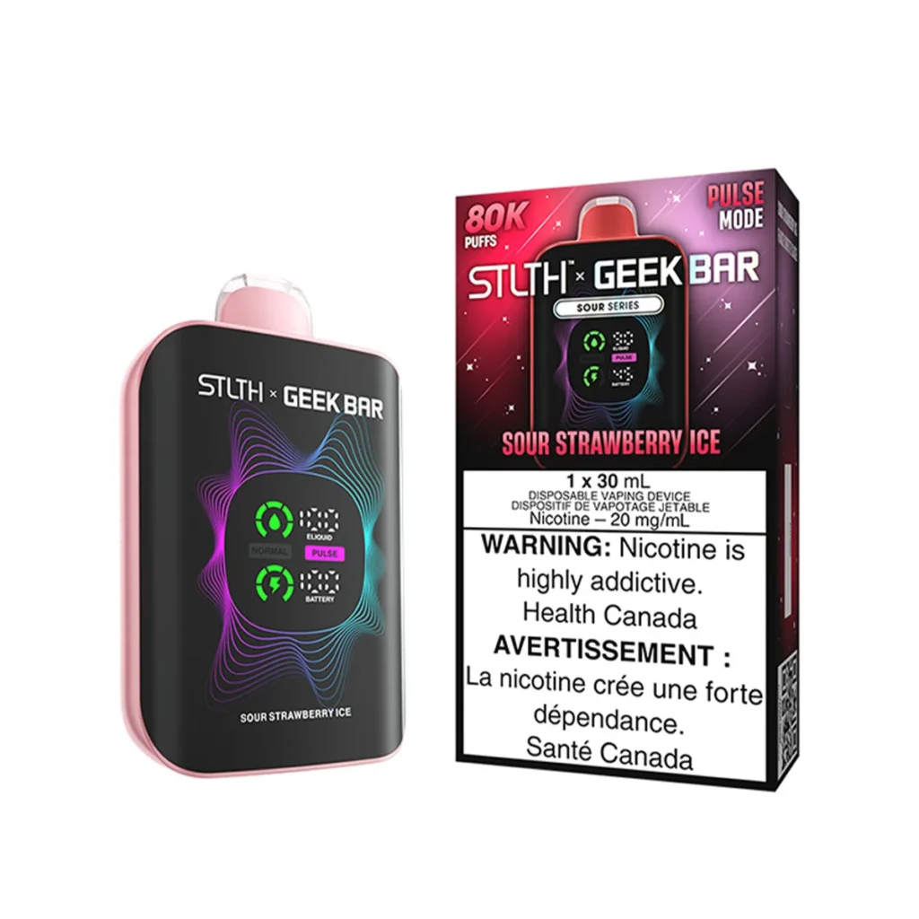 Disposable vape device labeled Sour Strawberry Ice with warning about nicotine addiction, featuring a colorful design.