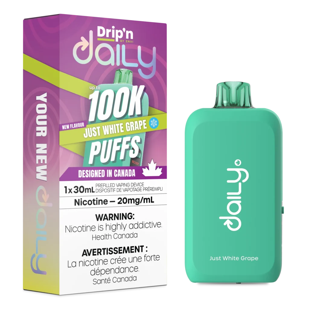 Vaping device packaging for Dripn Daily, featuring Just White Grape flavor, with nicotine warning and usage details.