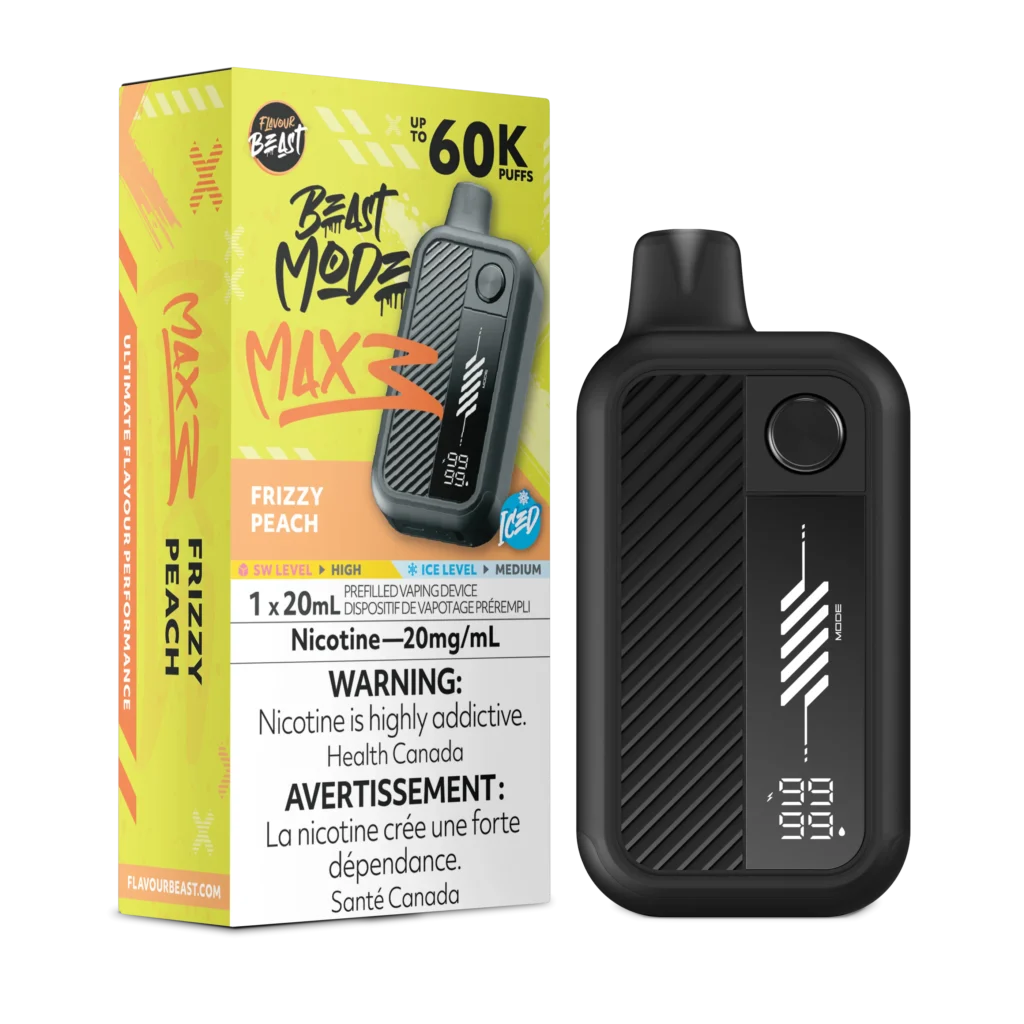Vaping device with packaging labeled Beast Mode MAX3 featuring Frizzy Peach flavor and nicotine content details.