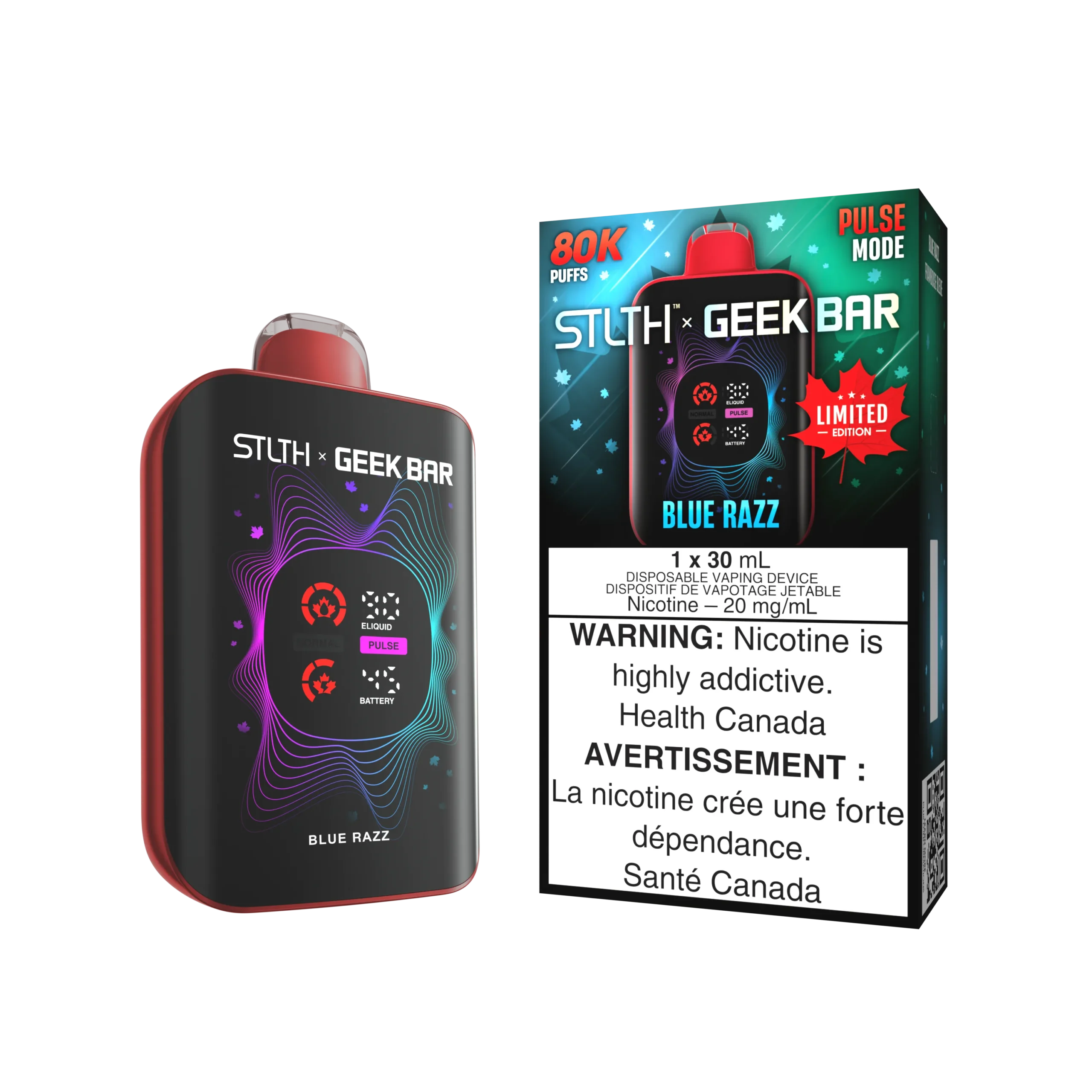 Package of STLTH x GEEK BAR disposable vaping device in Blue Razz flavor, featuring warning labels and usage details.