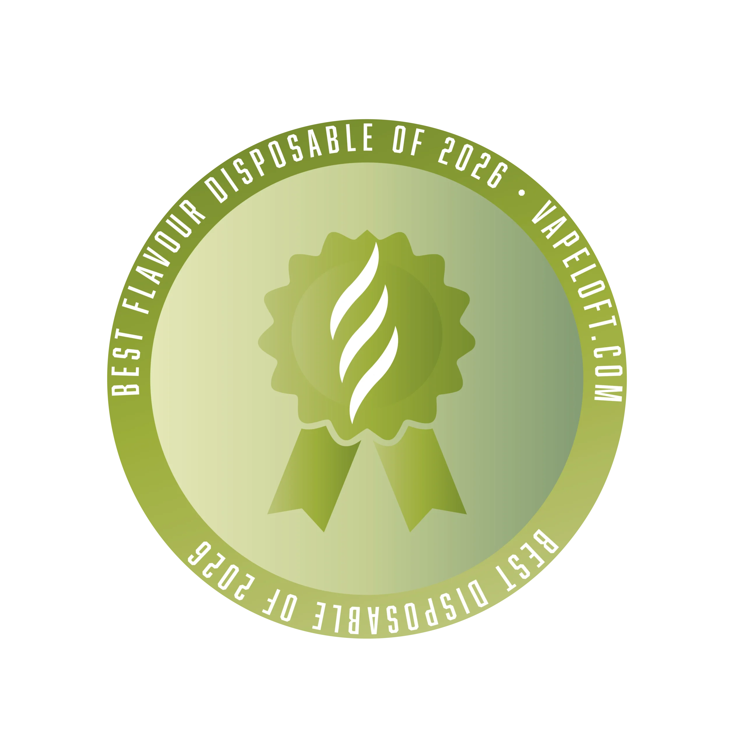 Green award badge for Best Flavour Disposable of 2026 with a ribbon and stylized flame design.