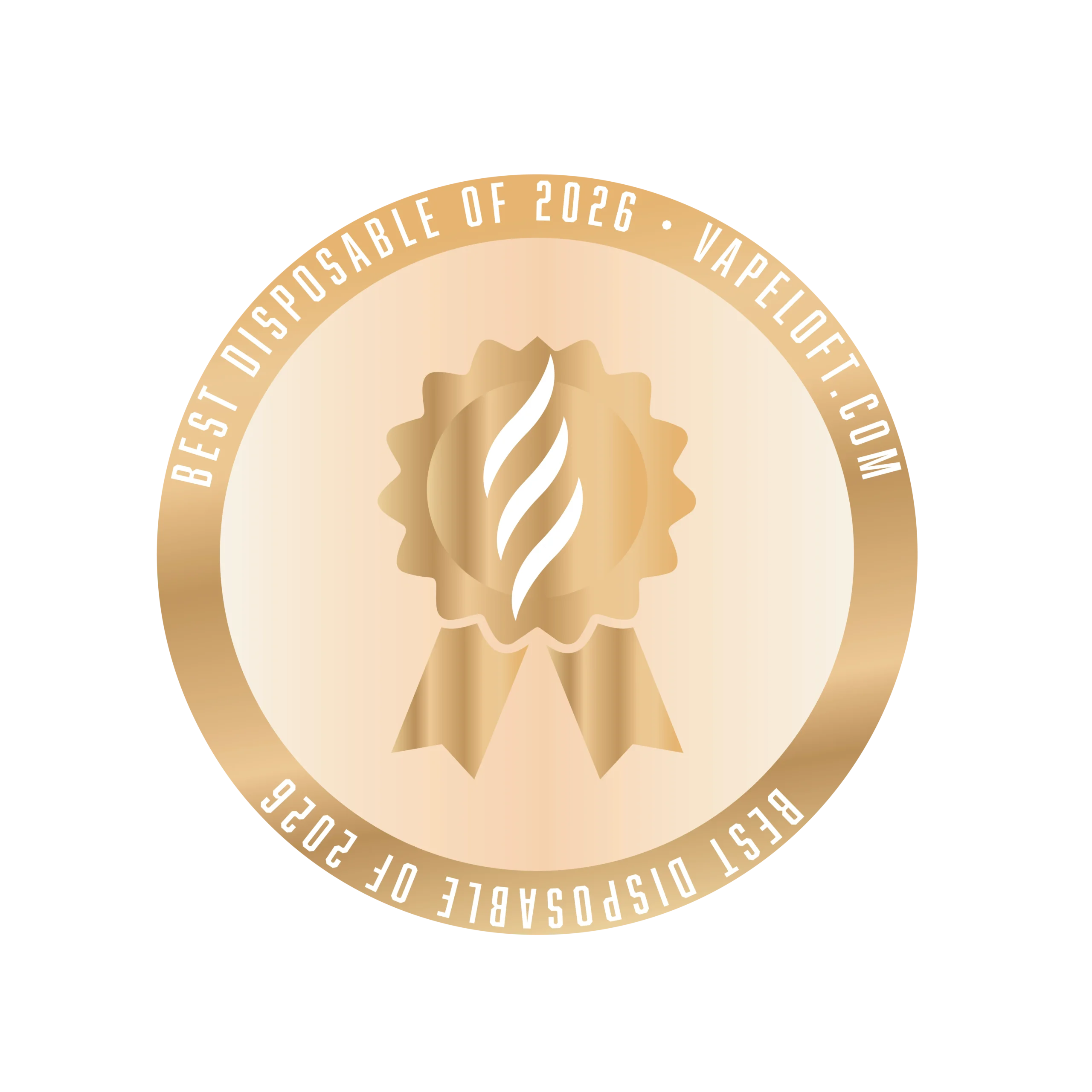 Gold award badge for Best Disposable of 2026 from Vapeloft, featuring a ribbon and stylized flame design.