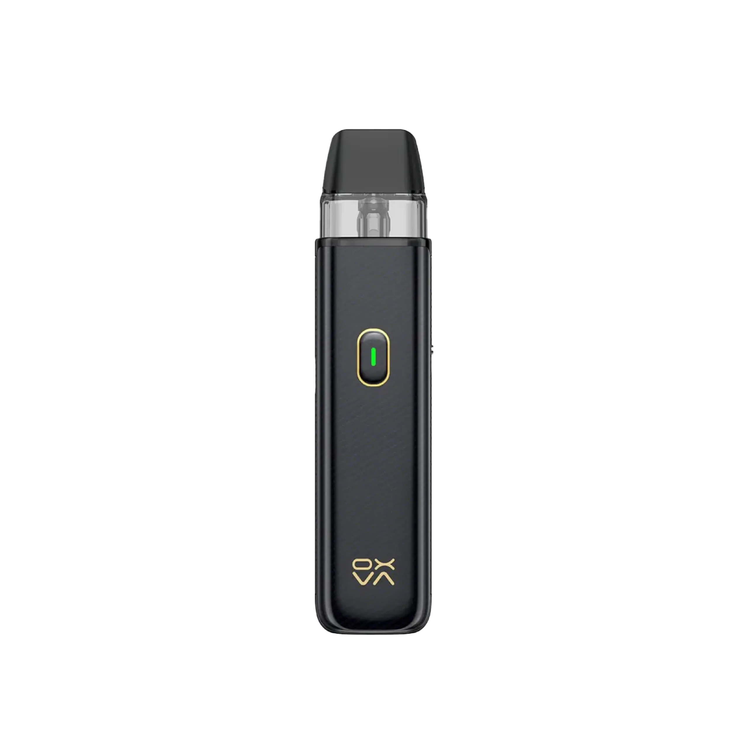 Black carbon vape device with a transparent tank and a green power button.