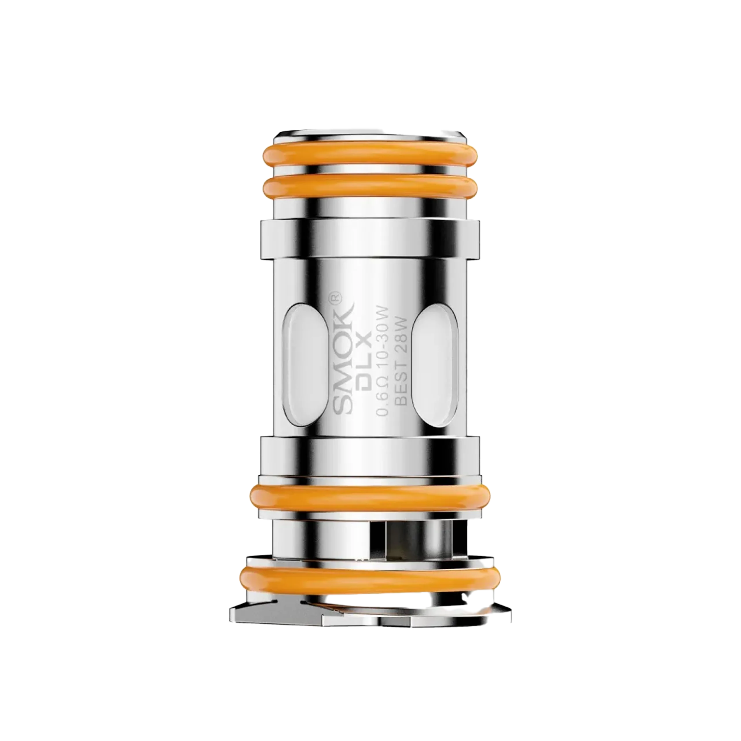 Close-up of a SMOK Nord 6 coil with orange O-rings, labeled 0.6 ohm, suitable for 10-30W power range.